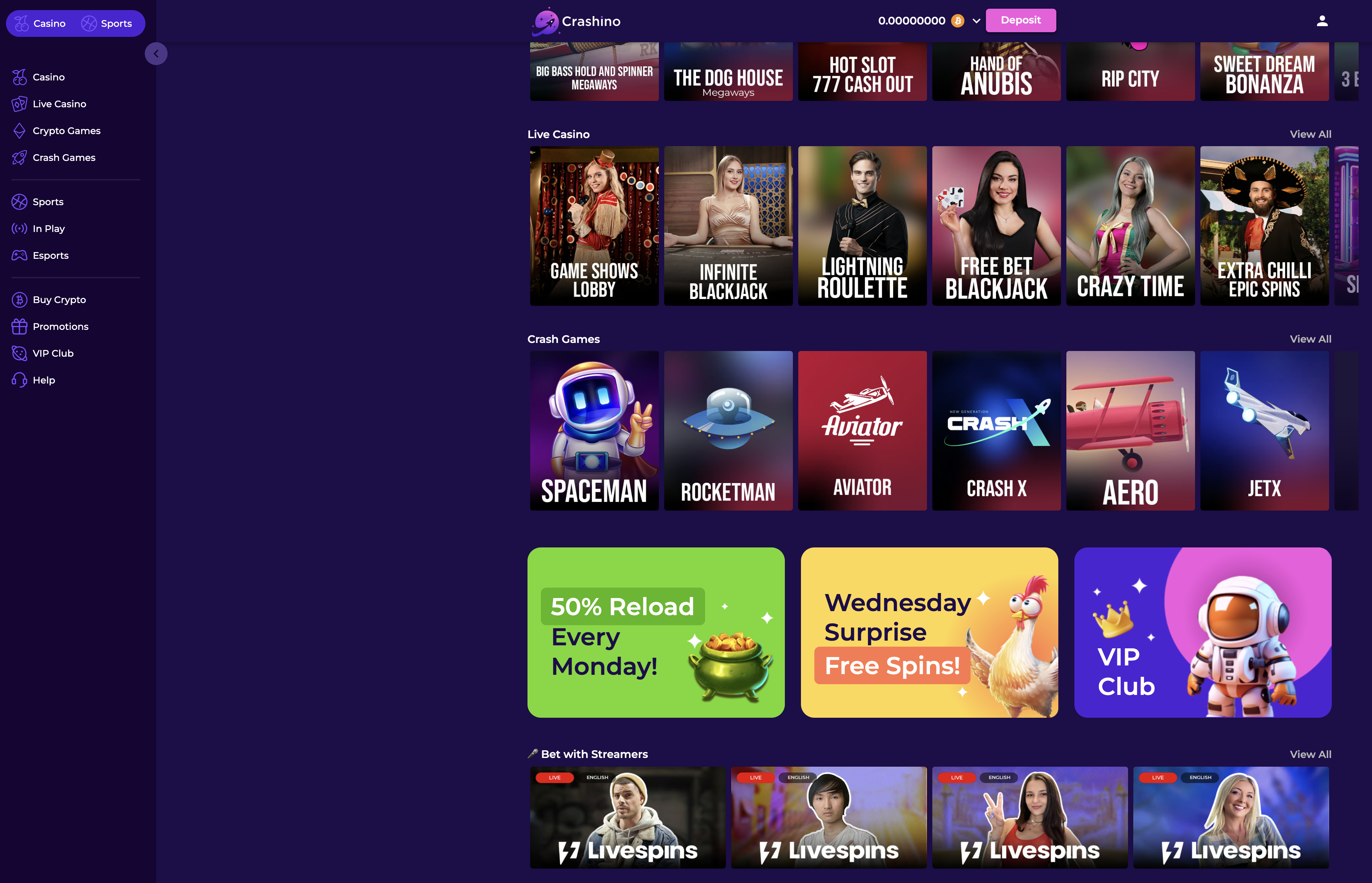 Crashino casino review games and slots interface